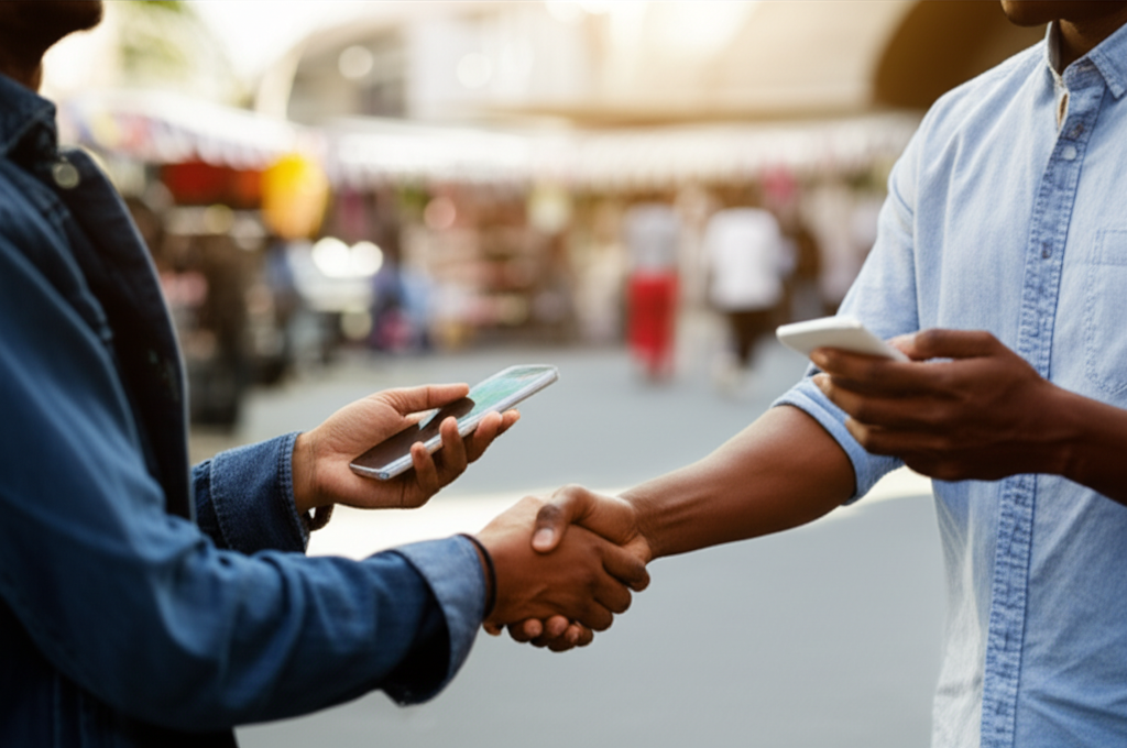 Two people meeting and shaking hands for a safe meet-up
